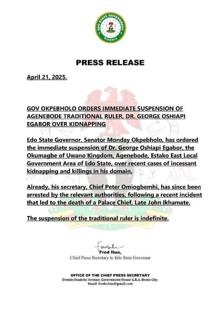 Edo Governor Okpebholo Suspends Uwano Monarch Over Rising Insecurity in Agenebode