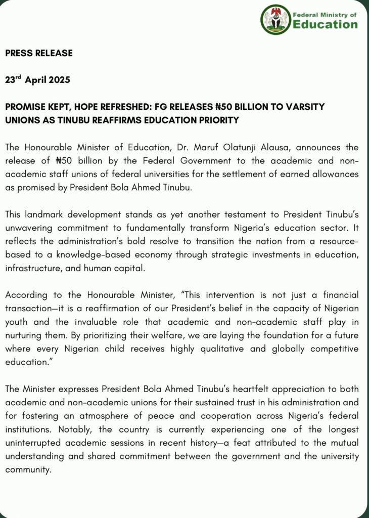 FG Releases N50 Billion for University Staff Earned Allowances — Education Minister