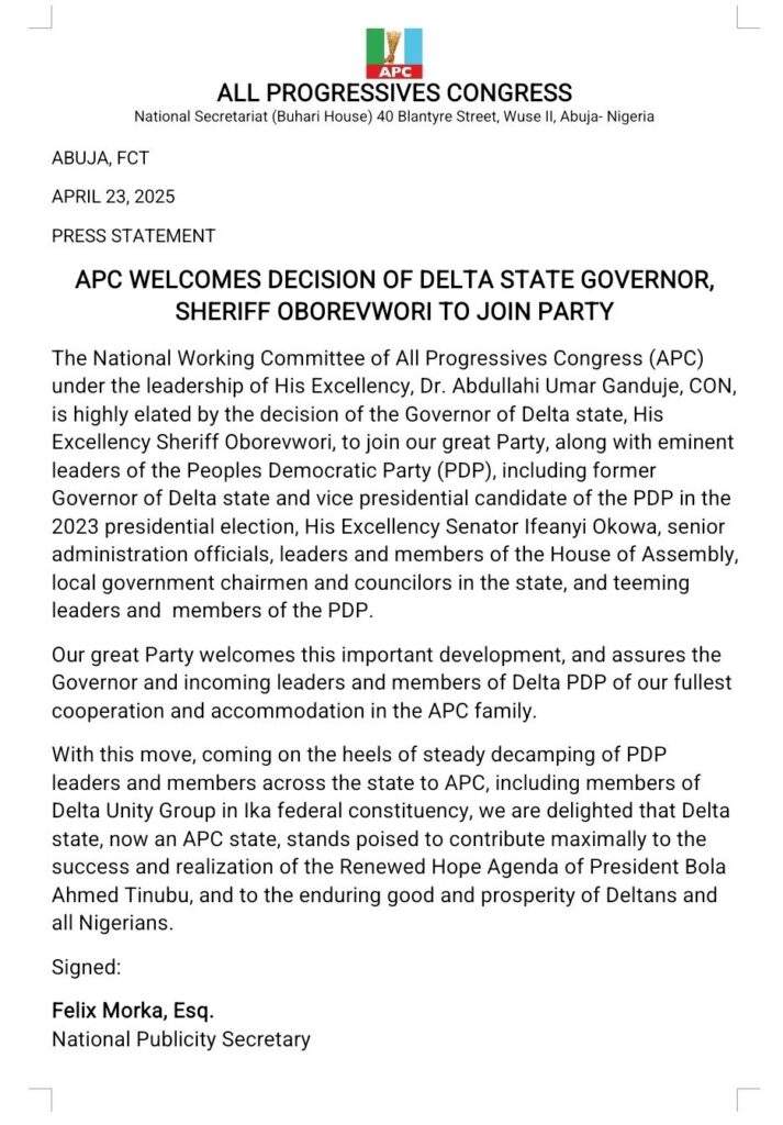 BREAKING: Gov. Oborevwori, Ex-Gov. Okowa Officially Join APC