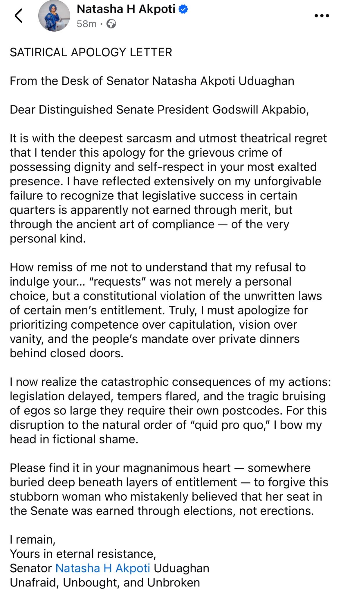 Suspended Senator Natasha Akpoti-Uduaghan Issues Satirical Apology to Senate President Akpabio