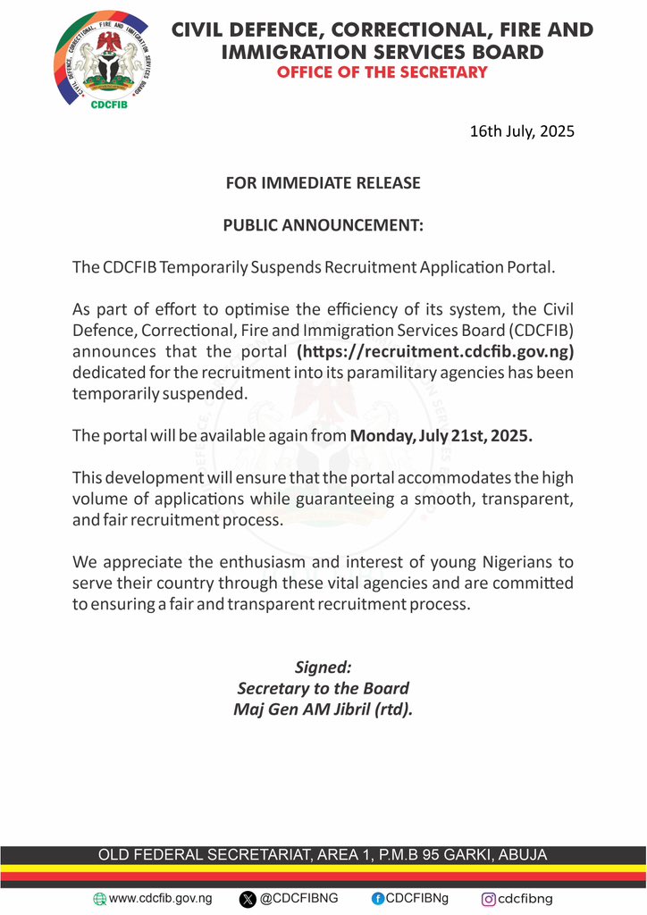 BREAKING: CDCFIB Temporarily Suspends Recruitment Portal Until July 21