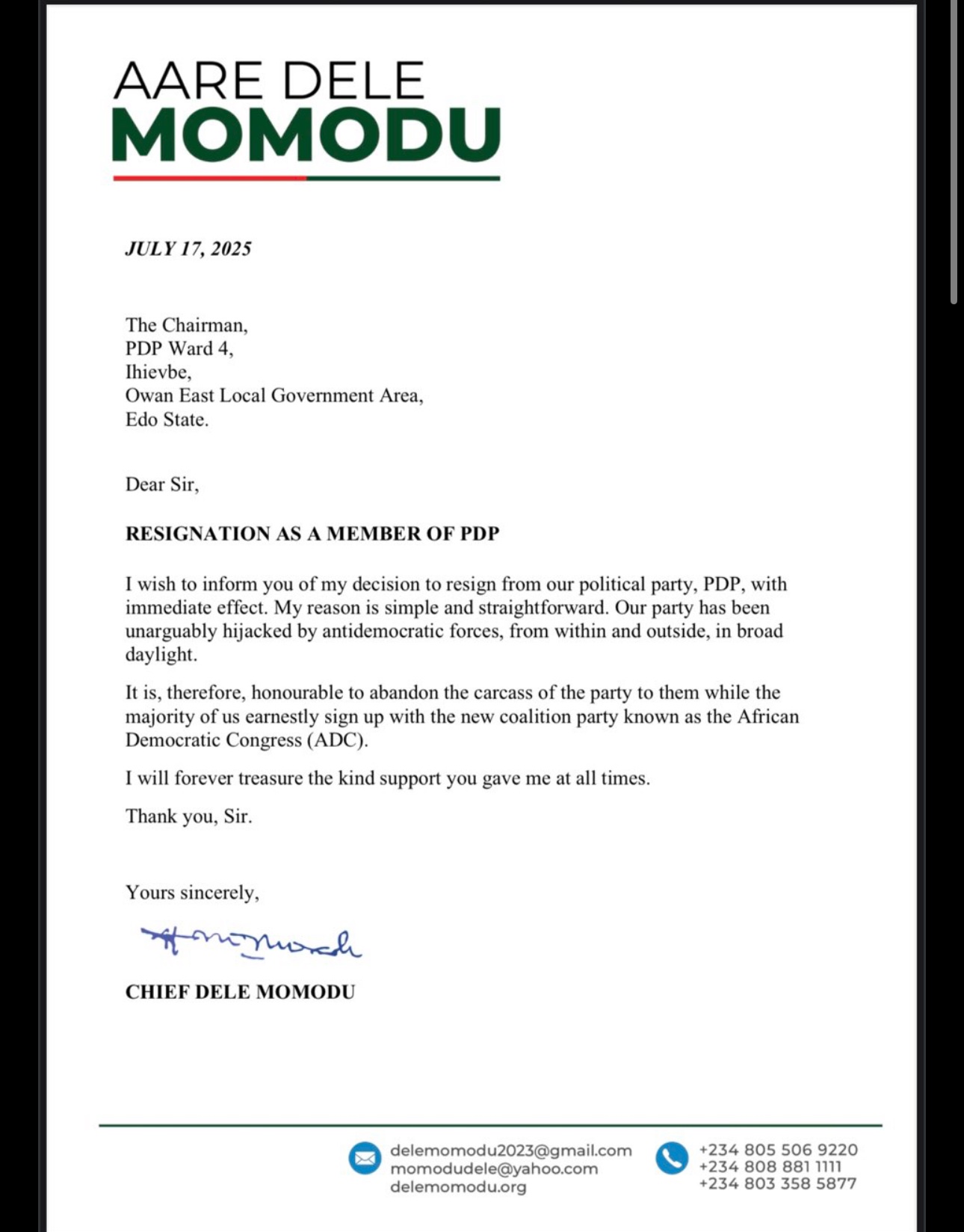 BREAKING: Dele Momodu Resigns from PDP, Joins ADC