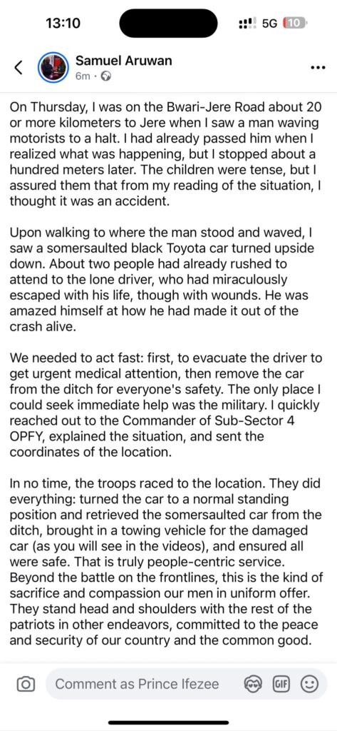 KADUNA-ABUJA HIGHWAY…Troops Saving Lives, a Selfless Service to Travelers