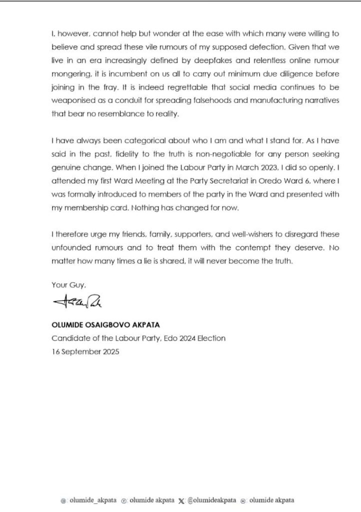 Former Edo Governor Aspirant, Akpata Denies Defection Plans to APC