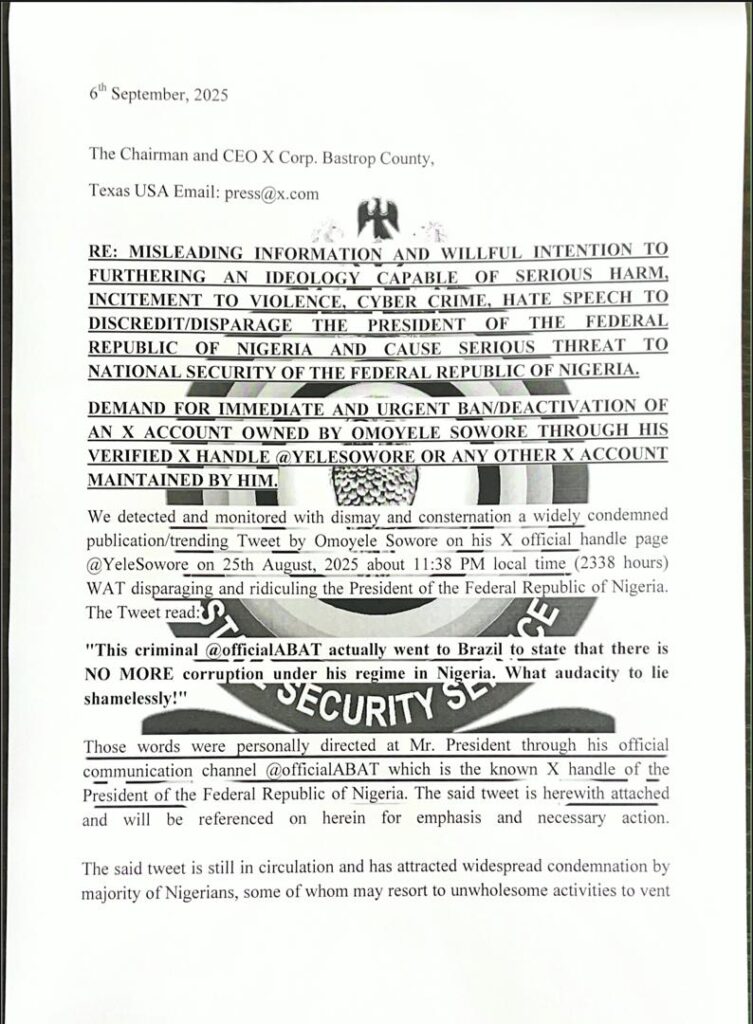 DSS Demands Removal of Sowore’s Tweet, Threatens Legal Action Against X
