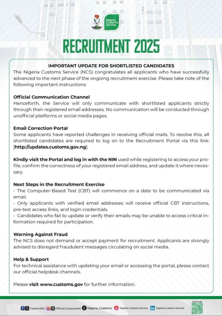 JUST-IN: Nigerian Customs Service (NCS) Issues Fresh Directive on Recruitment Status Validation