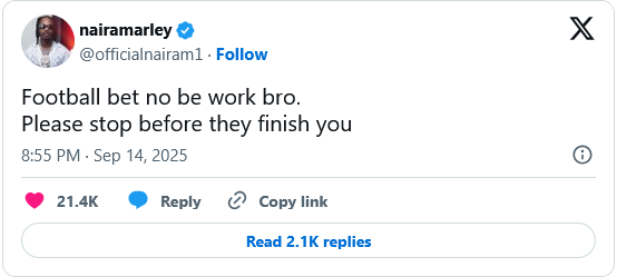 Naira Marley Gives Nigerians Advise On Sports Betting Amid Manchester Derby Blowout