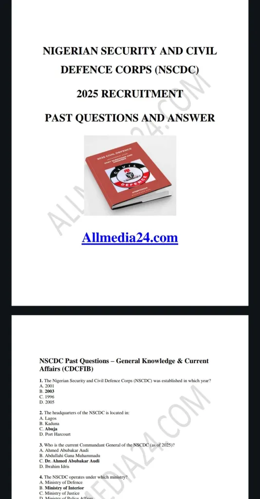 Nigeria Security and Civil Defence Corps (NSCDC) Past Questions and Answers 2025 PDF Download – Prepare for CDCFIB Recruitment Test