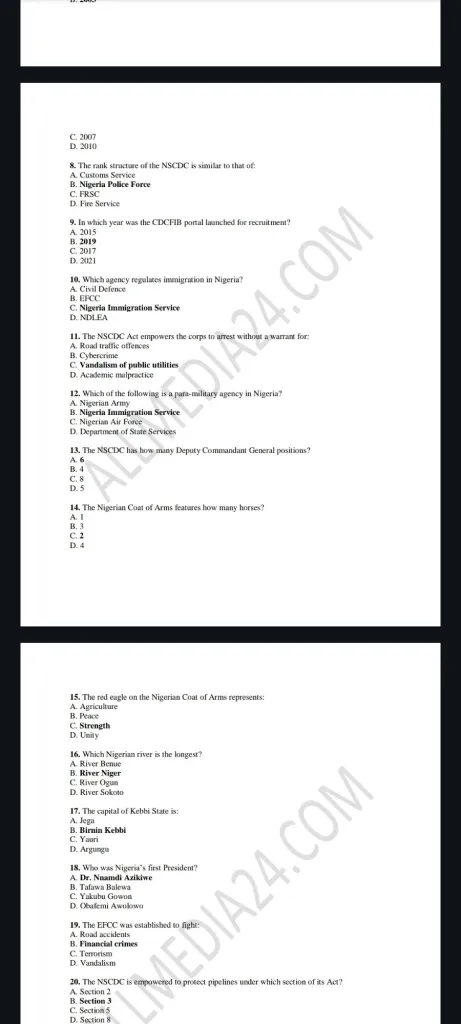 Nigeria Security and Civil Defence Corps (NSCDC) Past Questions and Answers 2025 PDF Download – Prepare for CDCFIB Recruitment Test