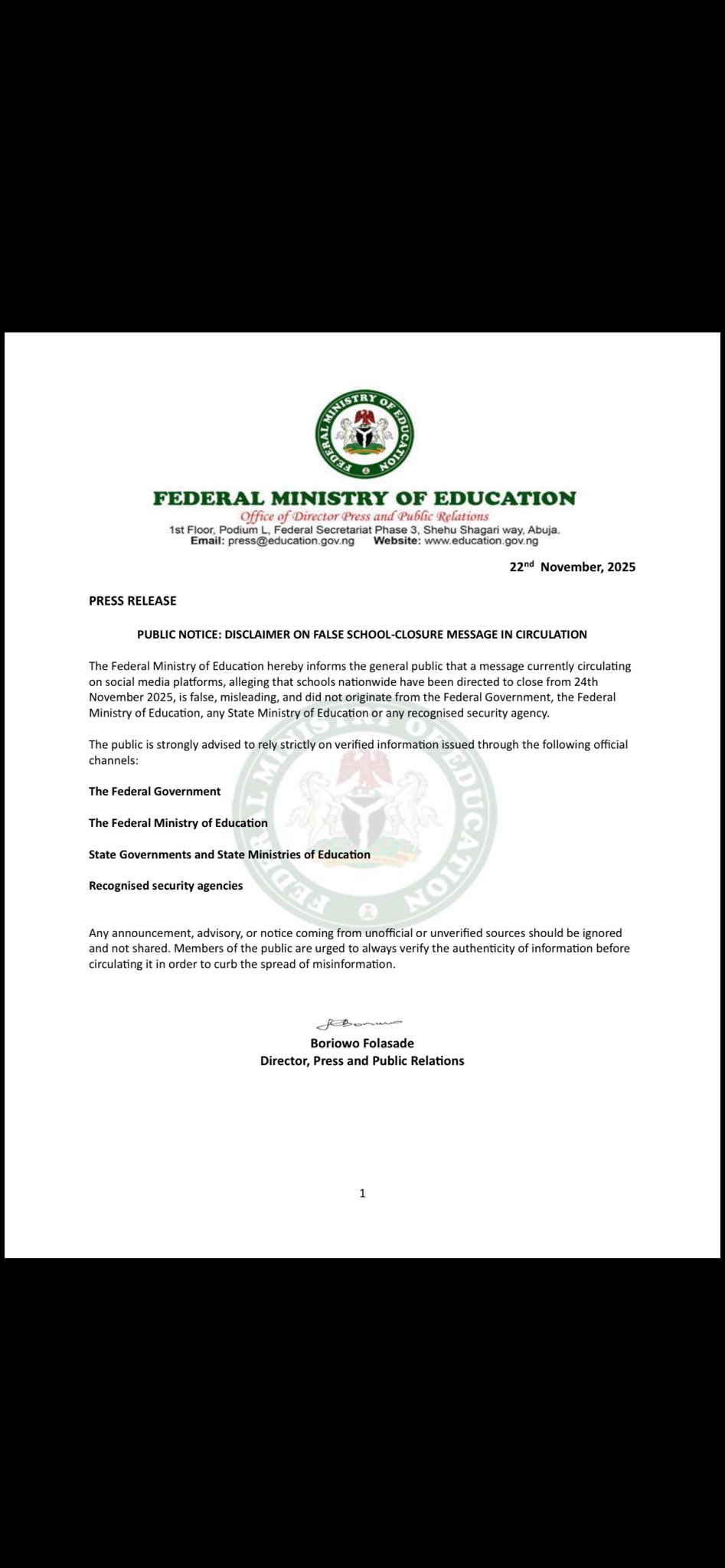 JUST-IN: Education Ministry Debunks Viral “School Closure” Message