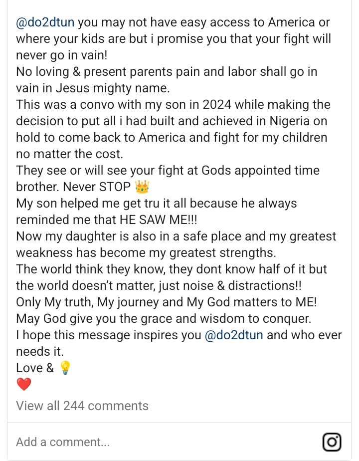 I Promise You, Your Fight Will Never Go In Vain – Bolanle Ninalowo Tells Do2tun As Ex-wife Relocate To US With Their Children Without His Consent