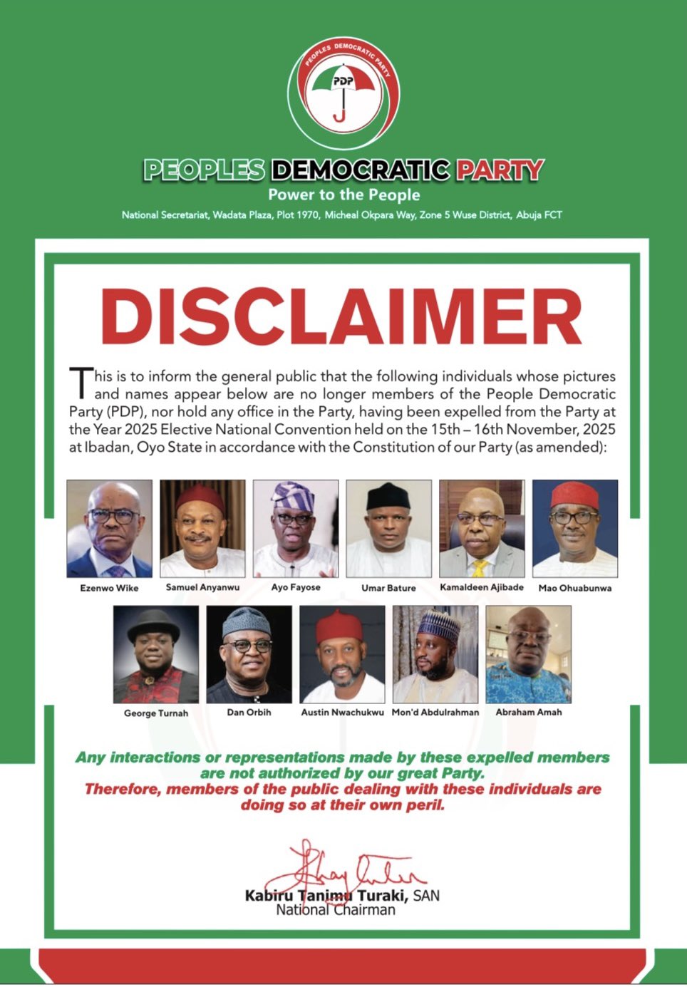 PDP Expels Top Members After National Convention — Party Warns Public Against Dealings (PHOTOS)