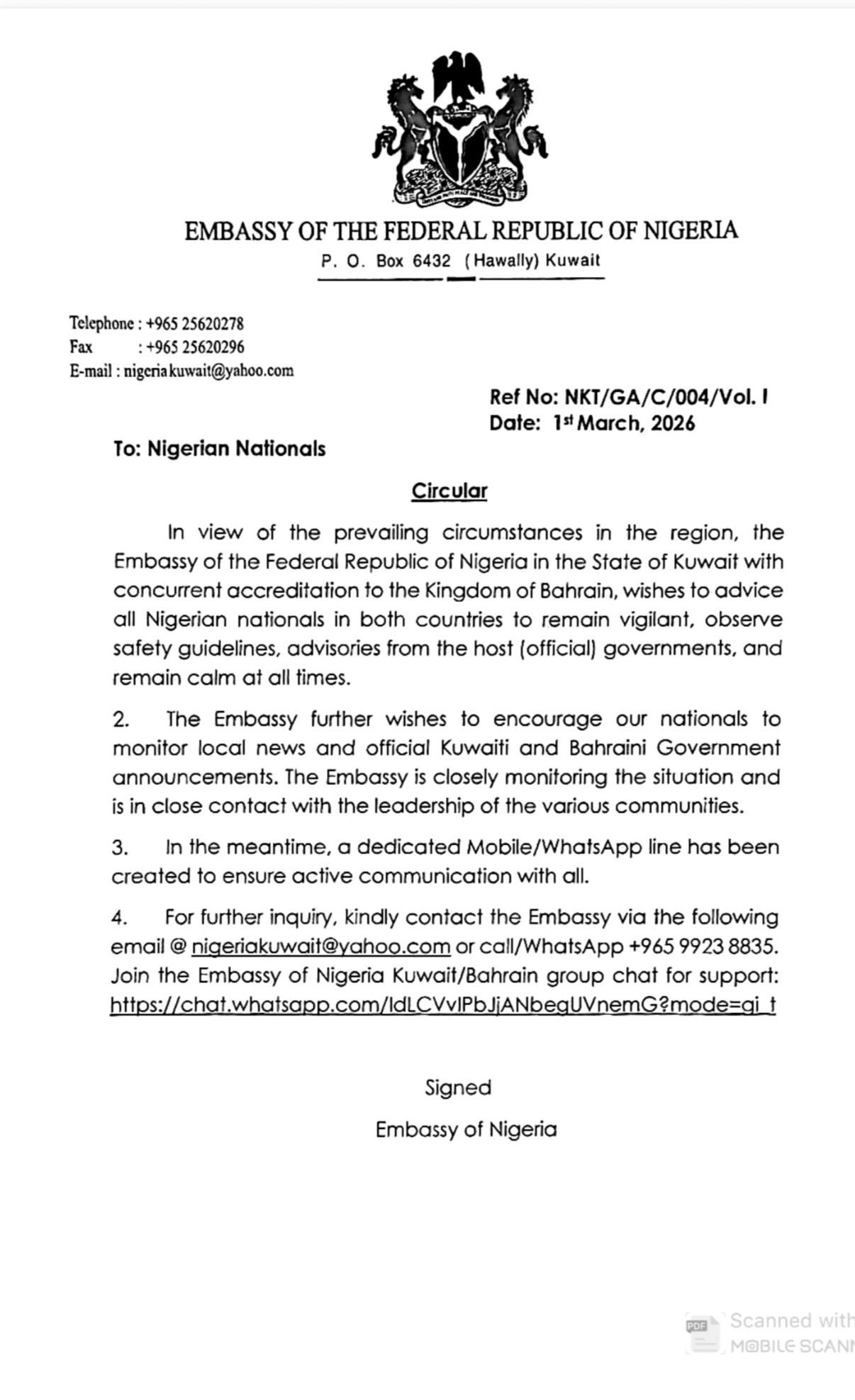 Iran War: Nigerian Government Issues Safety Advisory to Nationals in Kuwait, Bahrain