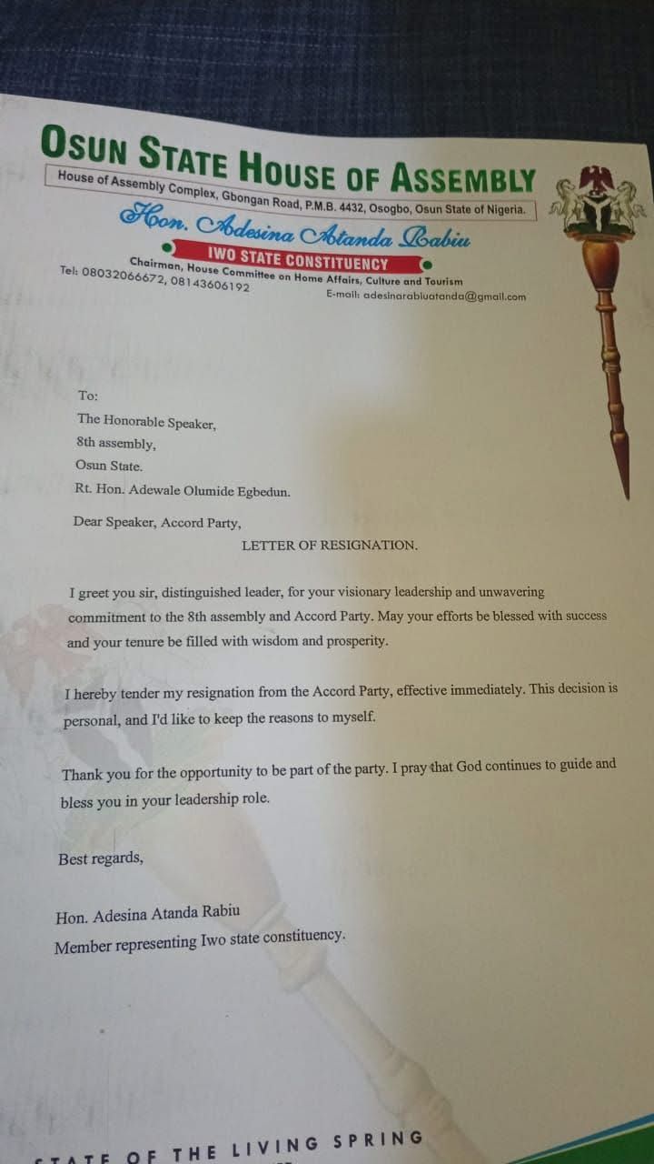 JUST-IN: Crisis Rocks Osun Accord Party as Lawmaker Resigns, Set to Join APC