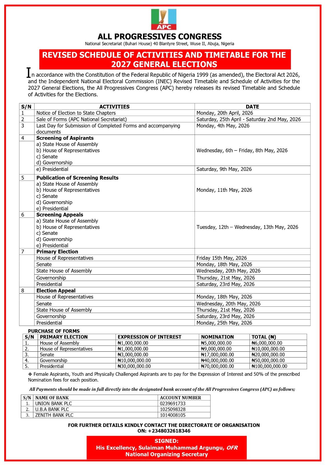 JUST-IN: APC Releases Revised Timetable For 2027 General Elections