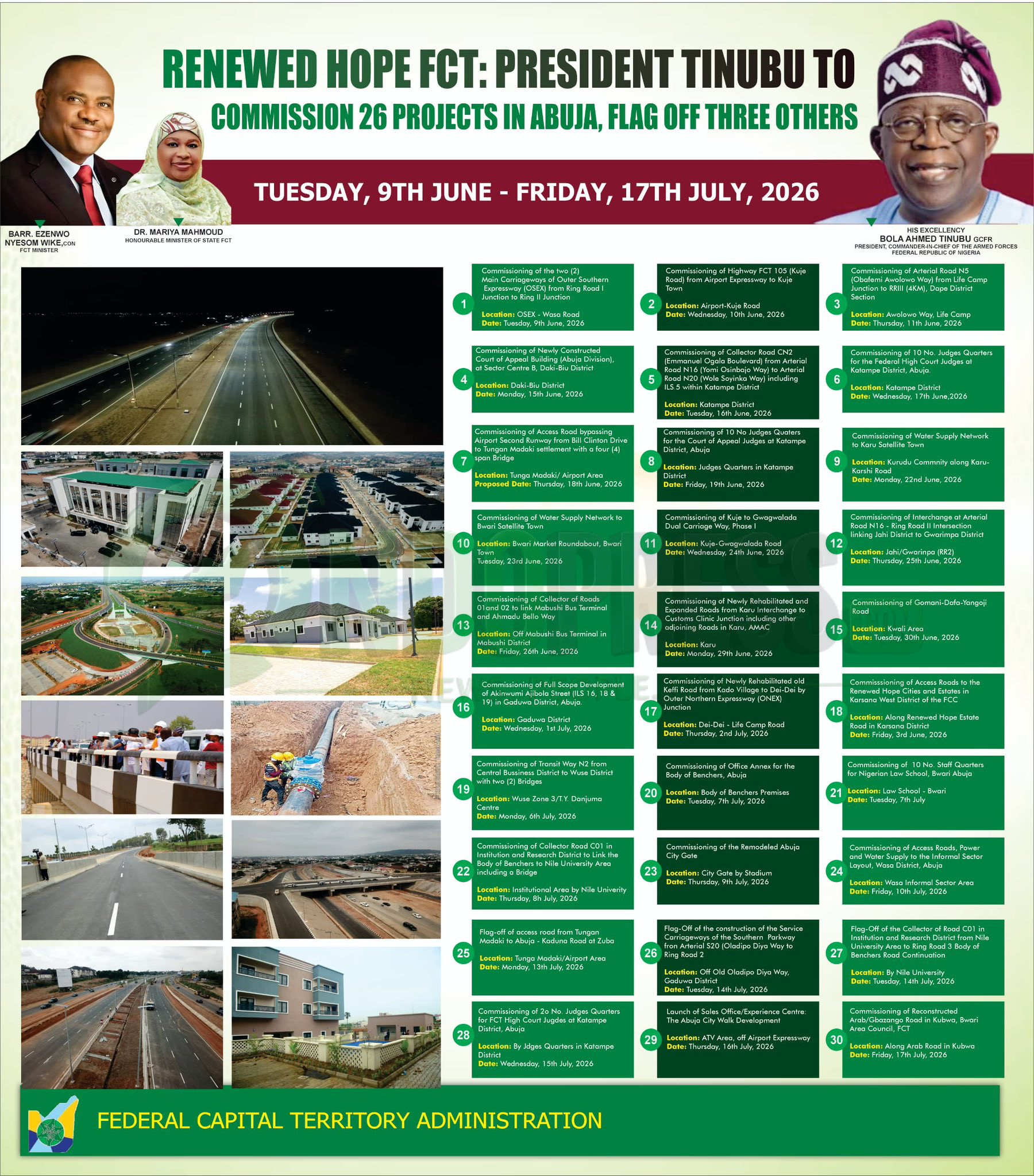 Massive Infrastructure Projects in the FCT Set for Official Commissioning by Mr. President