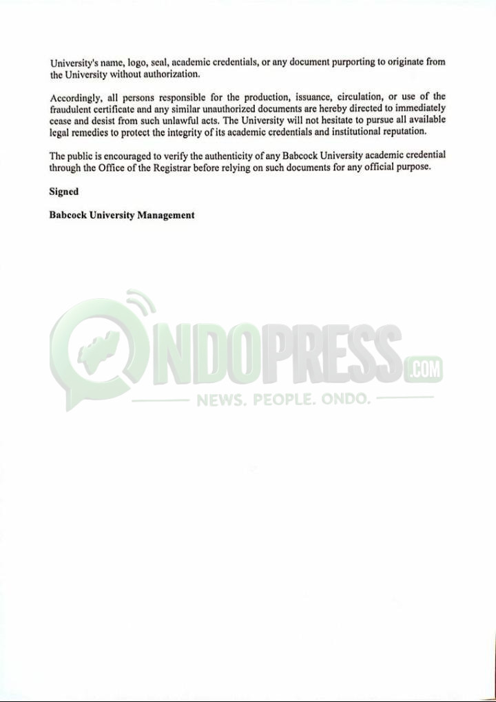 Olodouprising: Babcock Disowns Fake Certificate Linked to Carter Efe, Warns of Legal Action