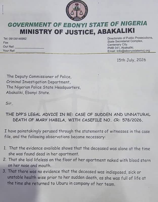Ebonyi Justice Ministry Reportedly Considering Probe into Mary Habila’s Death