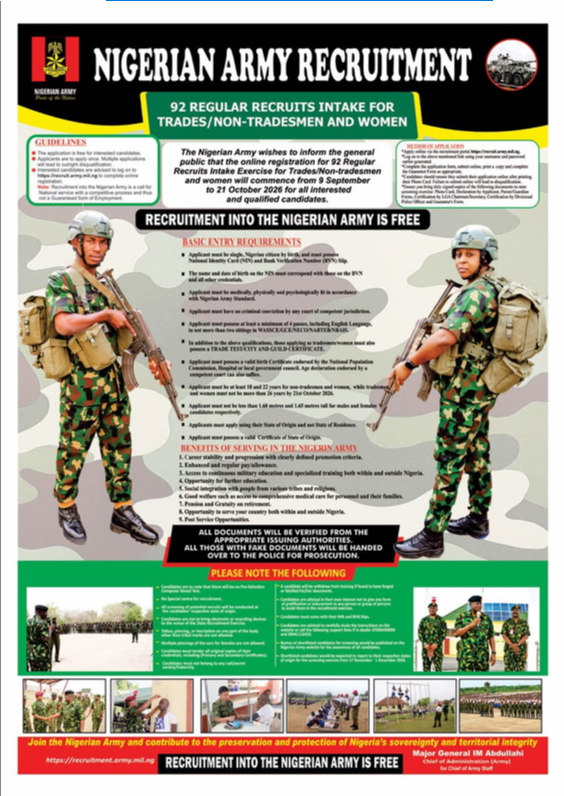 Nigerian Army Begins 2026 Recruitment Of 92 Regular For Tradesmen,Non Tradesmen And Women - See How To Apply